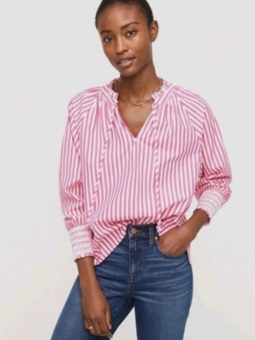 NWOT J. Crew Smocked-cuff Popover Top In Stripe Size S
